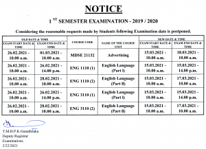 Amended Exam Timetable Sri Palee Campus