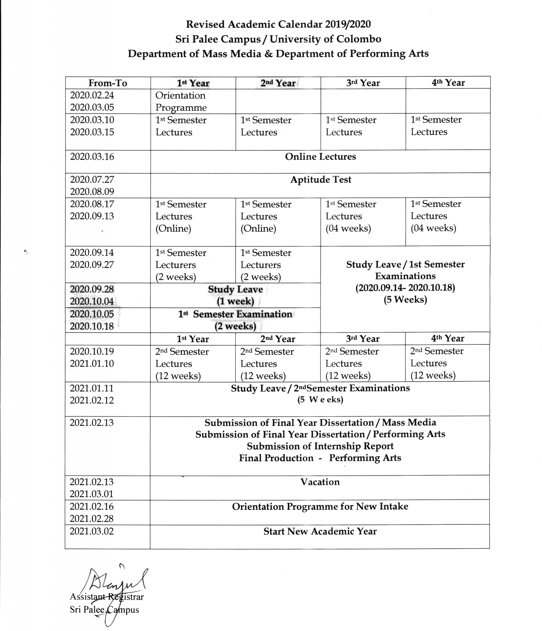 Academic Calendar Sri Palee Campus