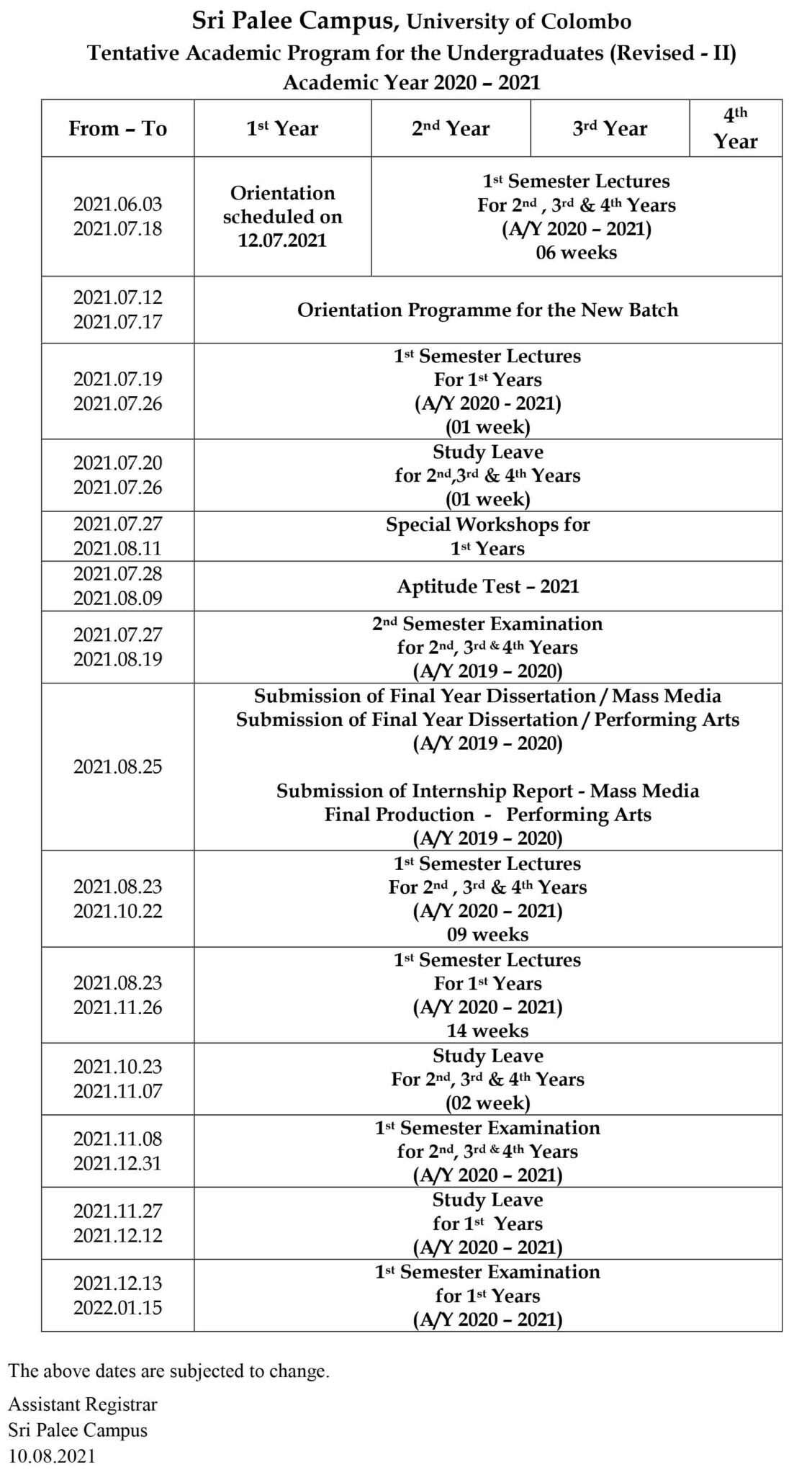 Tentative Academic Calendar Sri Palee Campus