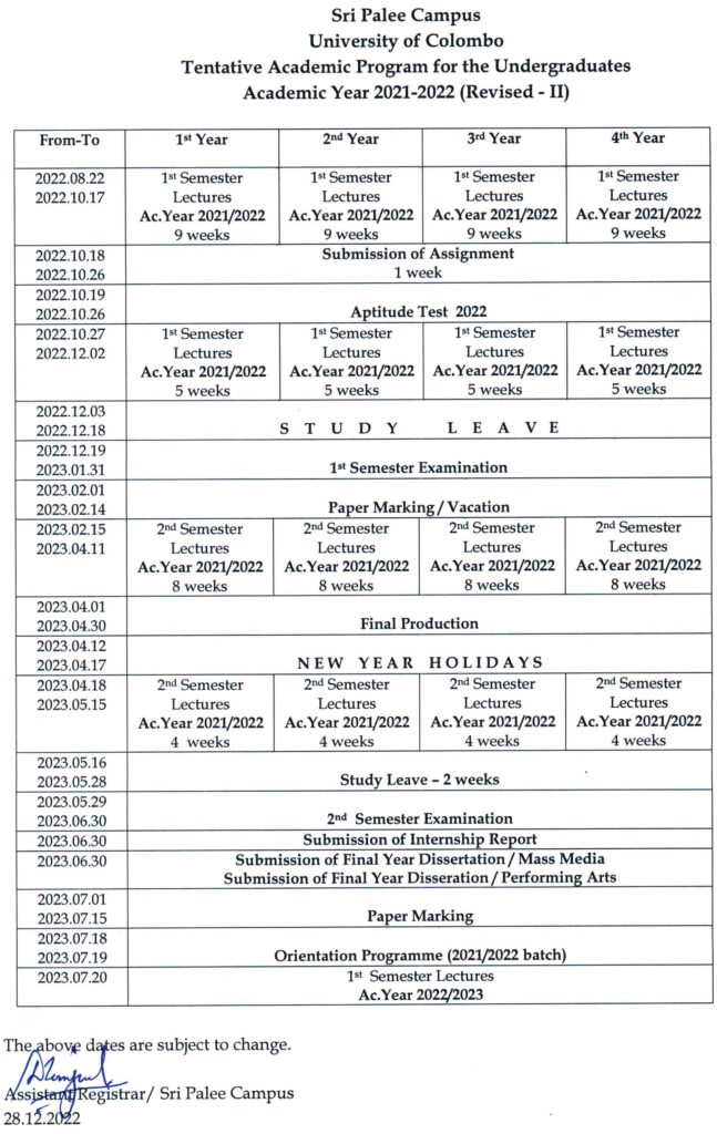 Tentative Academic Calendar 20212022 Sri Palee Campus