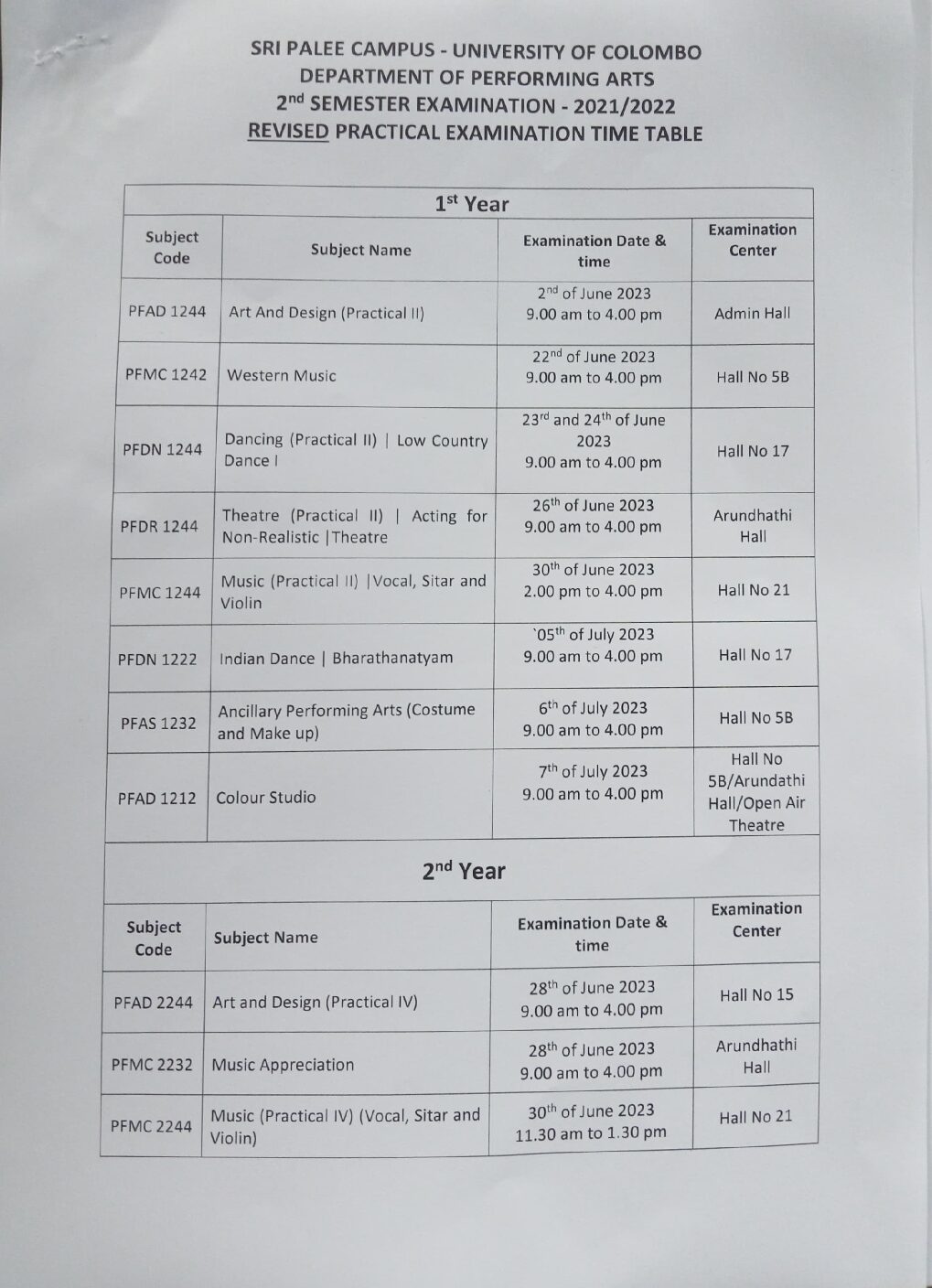 revised practical time table Sri Palee Campus